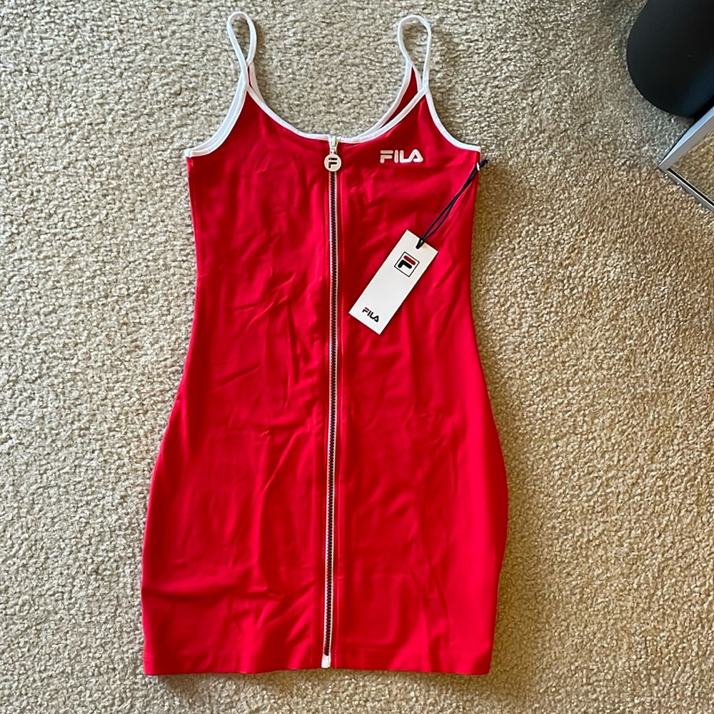 BNWT FILA Athletic Zip Up Bodycon Cami Dress, red white casual stretchy mini